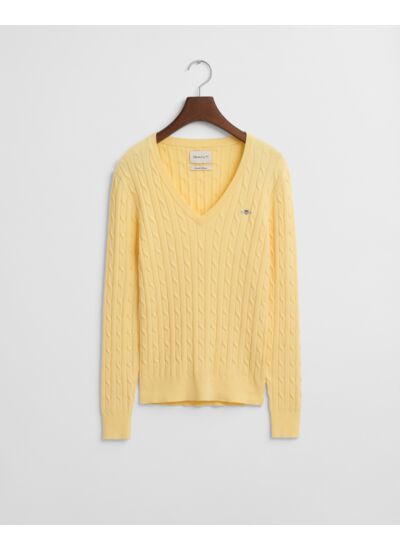 Stretch Cotton Cable Knit V-Neck Sw