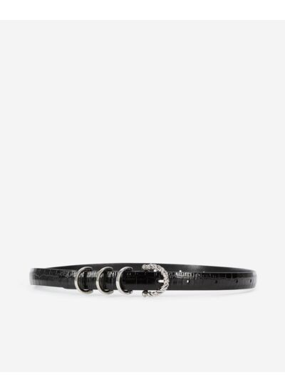 Ceinture Fine En Cuir Effet Crocodile Noir