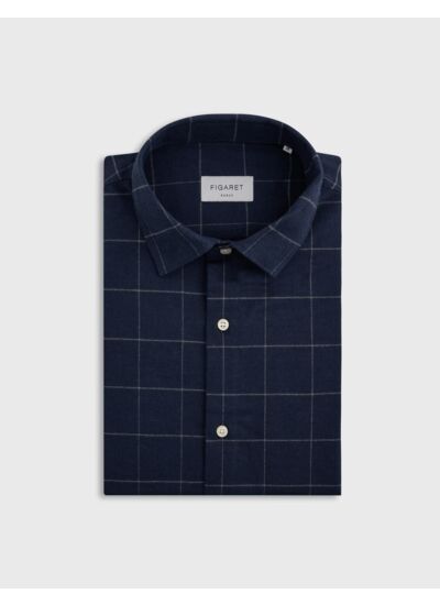 Chemise auguste col français en flanelle de coton à carreaux marine