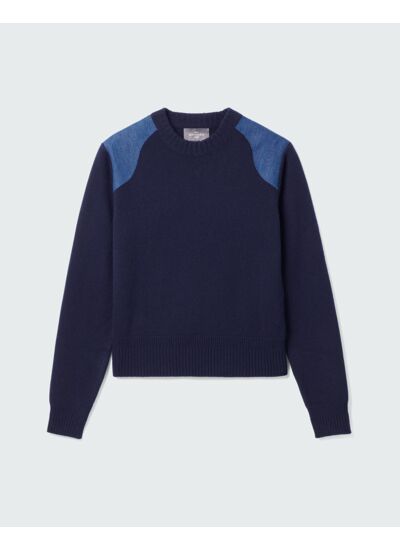Pull col rond à inserts denim - Femme - MARINE