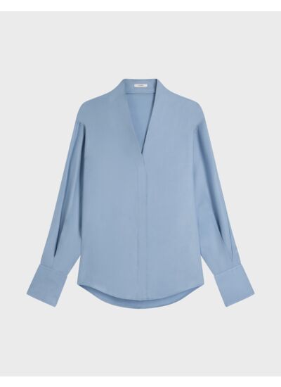 Chemise ilena col châle montant avec gorge cachée en lyocell uni bleu