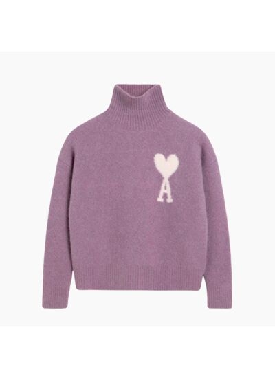 Ami Paris Pull Col Cheminée Ami de Coeur Blanc Lilas