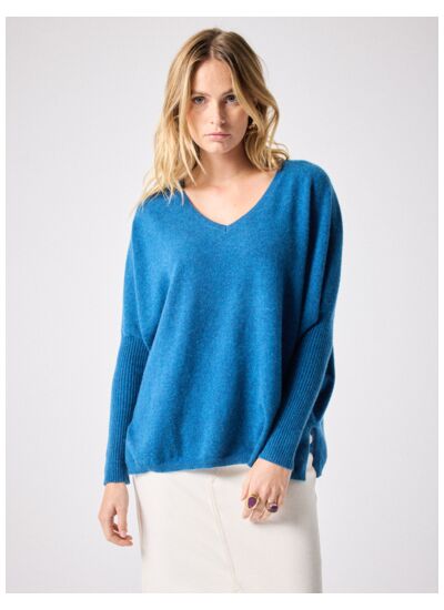 Pull poncho cachemire col V Faustine CELESTE