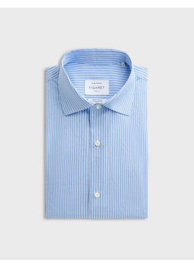 Chemise col italien en popeline rayée bleu