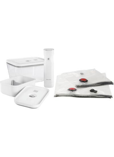 Set complet sous vide - 7pcs : Pompe + Boîte L en verre + Lunch box M en plastique opaque + 2 sacs S + 2 sacs M
