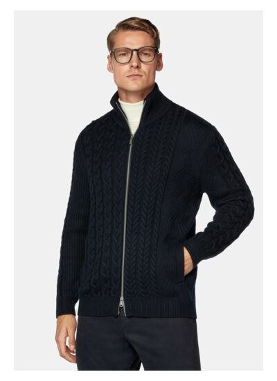 Pull Full Zip Bleu Marine Avec Mélange De Points En Laine Mérinos