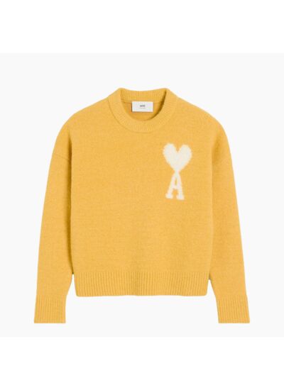 Ami Paris Pull Maille Ami de Coeur Blanc Moutarde
