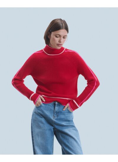 Pull Col Montant Tricolore Maille Perlée