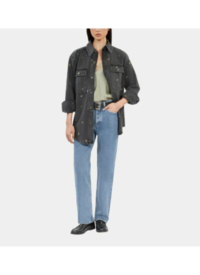 Surchemise En Denim Gris Avec Broderie À Fleurs Femme