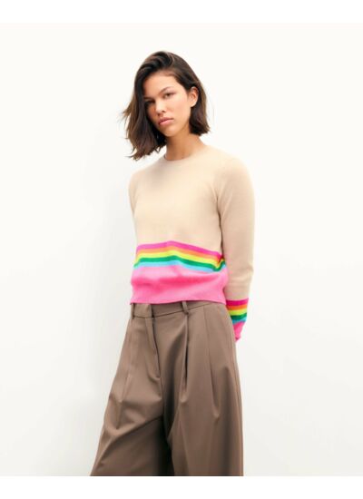 Pull Col Rond Bas à Bandes Multicolores